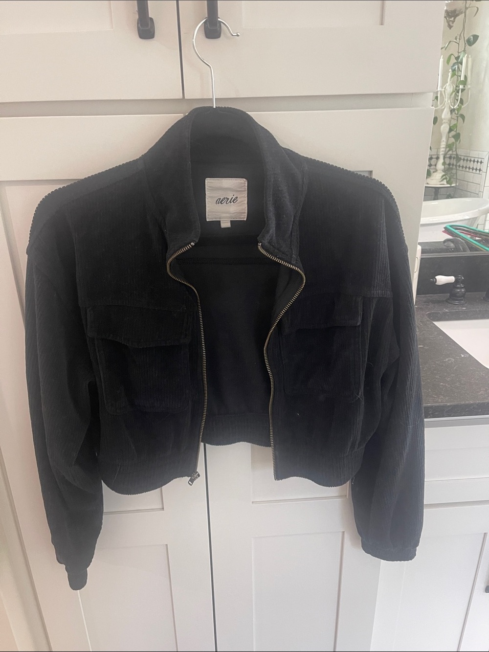 aerie Black Corduroy Cropped Zip Bomber Jacket